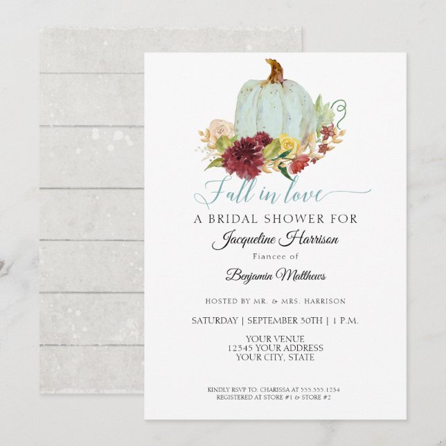 Convites Chá de Noiva Floral Burgundy Rústico Abóbora Azul (Frente/Verso)