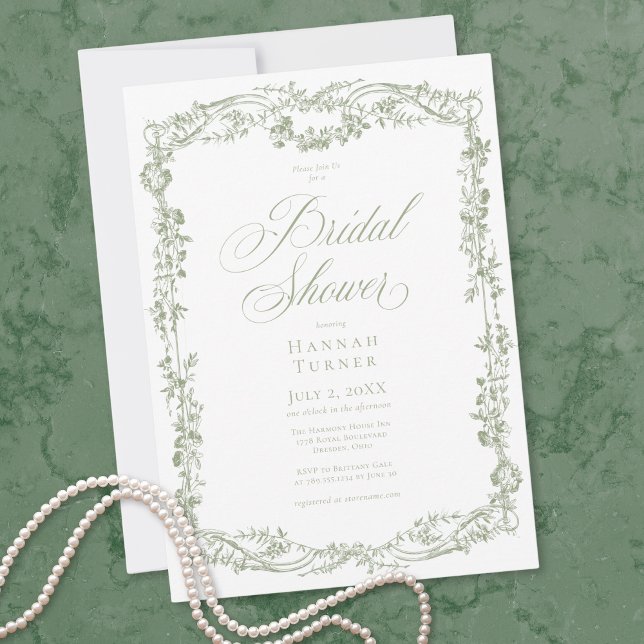 Convites Chá de Noiva Floral Clássico Elegante em Sage (Classic Elegant Sage Floral Frame Bridal Shower Invitation)