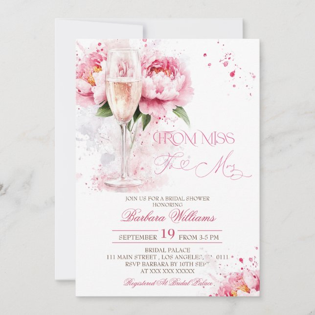 Convites Chá de Noiva Floral com Champanhe Rosa (Frente)