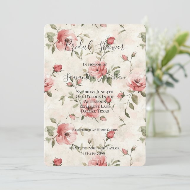 Convites Chá de Noiva Floral com Rosas Rosa e Bege (Em pé/Frente)