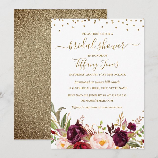 Convites Chá de Noiva Floral Confete Borgonha Dourado (Frente/Verso)