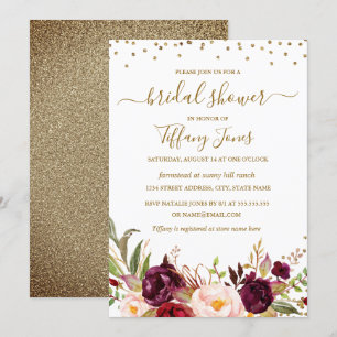 Convites Chá de Noiva Floral Confete Borgonha Dourado