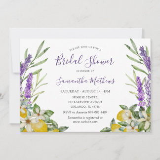Convites Chá de Noiva Floral de Limões e Lavanda em Aquarel