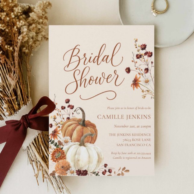 Convites Chá de Noiva Floral de Outono Rústico (Rustic Orange Pumpkin Fall Bridal Shower invitation)