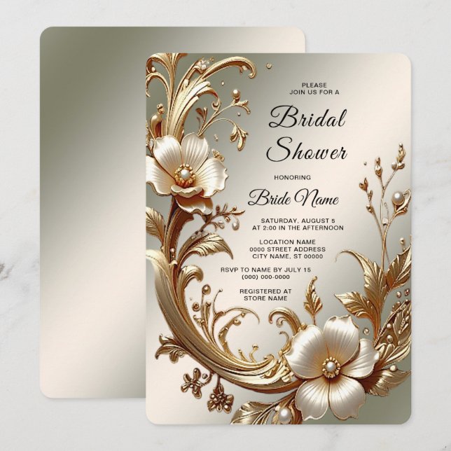 Convites Chá de Noiva Floral Dourado (Frente/Verso)