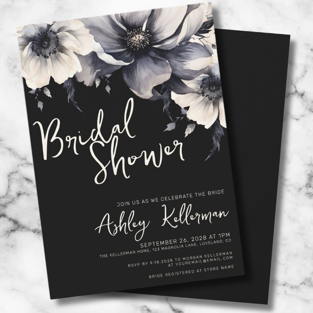 Convites Chá de Noiva Floral Elegante Preto (Chic Elegant Floral Black White Bridal Shower Invitation)