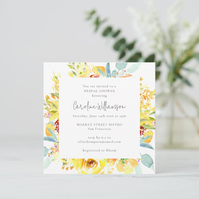Convites Chá de Noiva Floral em Aquarela Amarela de Verão (Em pé/Frente)