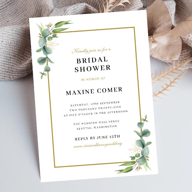 Convites Chá de Noiva Floral Geométrico com Verdura de Euca (Eucalyptus greenery geometric bridal shower invitation sets a stylish tone for her celebration.)