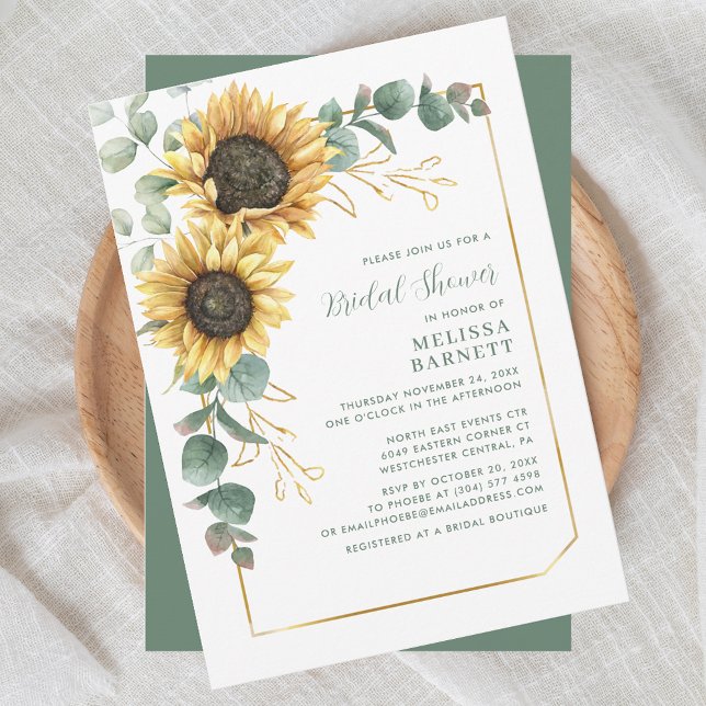 Convites Chá de Noiva Floral Girassol Elegante (Sunflower Floral Eucalyptus Greenery Script Bridal Shower Invitation)