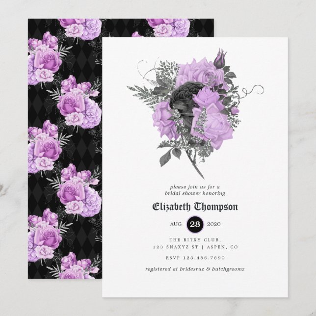 Convites Chá de Noiva Floral Gótico Preto, Roxo e Prata (Frente/Verso)