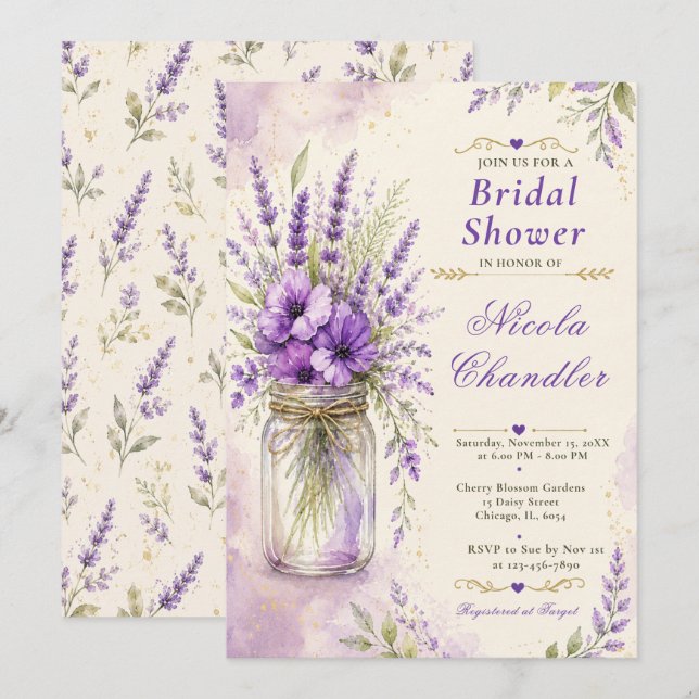 Convites Chá de Noiva Floral Lavanda (Frente/Verso)