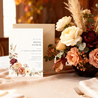 Convites Chá de Noiva Floral Outono Vintage em Borgonha e P