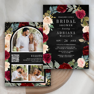 Convites Chá de Noiva Floral Pêssego Borgonha Código QR Pre
