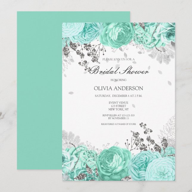 Convites Chá de Noiva Floral Prateado Aqua Elegante (Frente/Verso)