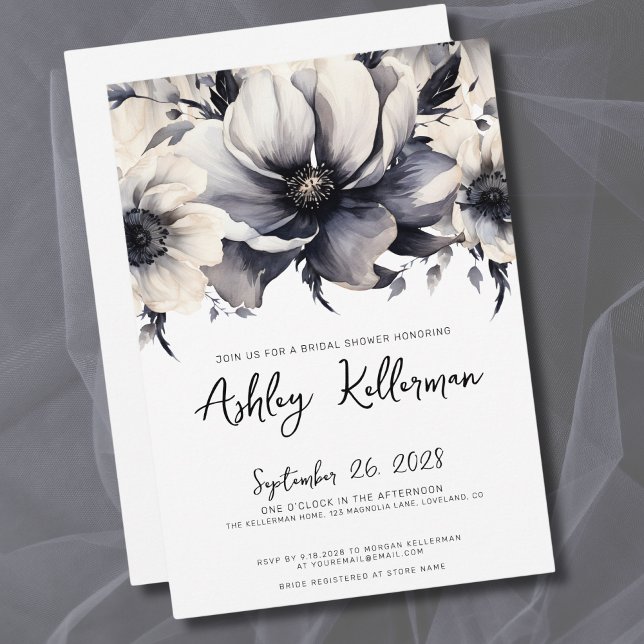 Convites Chá de Noiva Floral Preto e Branco (Elegant Modern Floral Black White Bridal Shower Invitation)