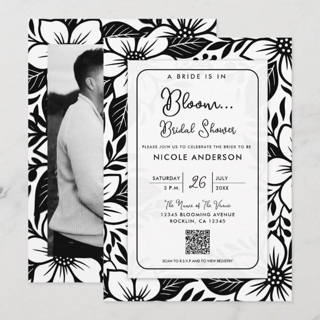 Convites Chá de Noiva Floral Preto e Branco Ousado (Frente/Verso)