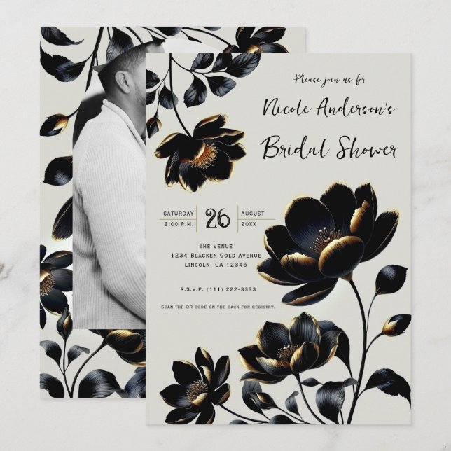 Convites Chá de Noiva Floral Preto e Dourado Bege (Frente/Verso)