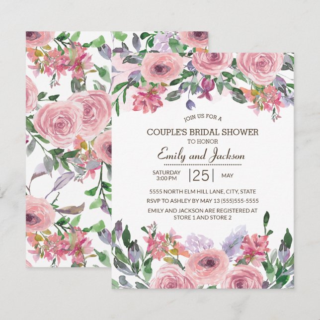 Convites Chá de Noiva Floral Primavera com Lavanda Rosa par (Frente/Verso)