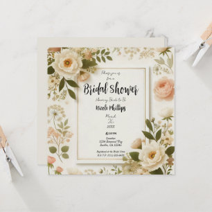 Convites Chá de Noiva Floral Quadrado Minimalista Elegante