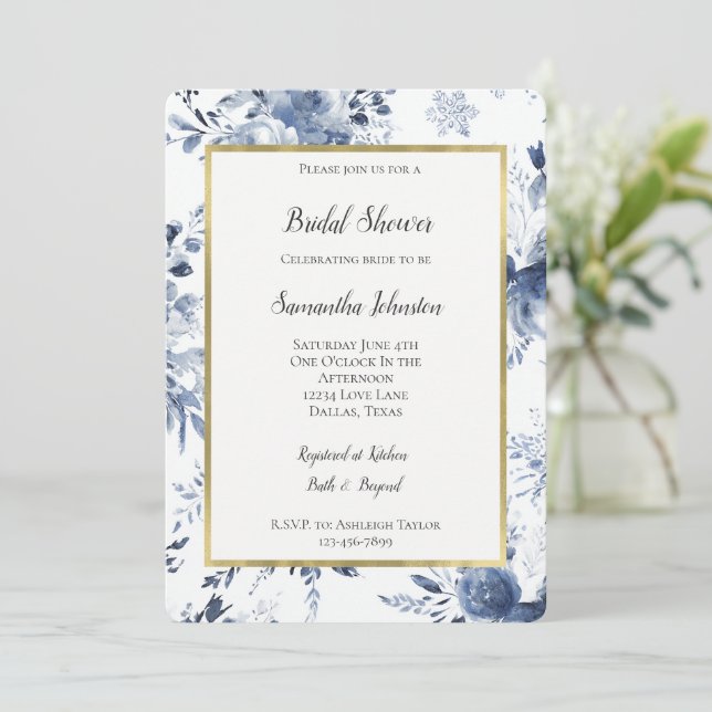 Convites Chá de Noiva Floral Romântico Branco Azul   (Em pé/Frente)
