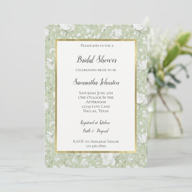 Convites Chá de Noiva Floral Romântico Verde Branco (Em pé/Frente)