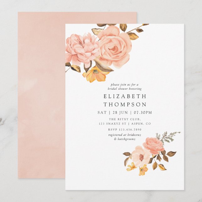 Convites Chá de Noiva Floral Rosa e Dourado (Frente/Verso)