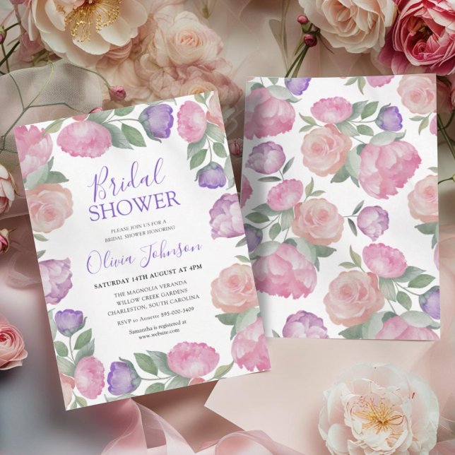 Convites Chá de Noiva Floral Rosa e Roxo Moderno (Criador carregado)
