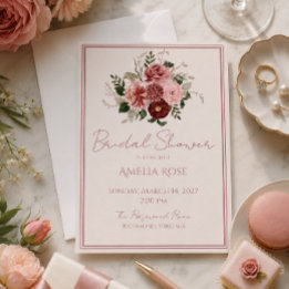Convites Chá de Noiva Floral Rosa Empoeirado Borgonha
