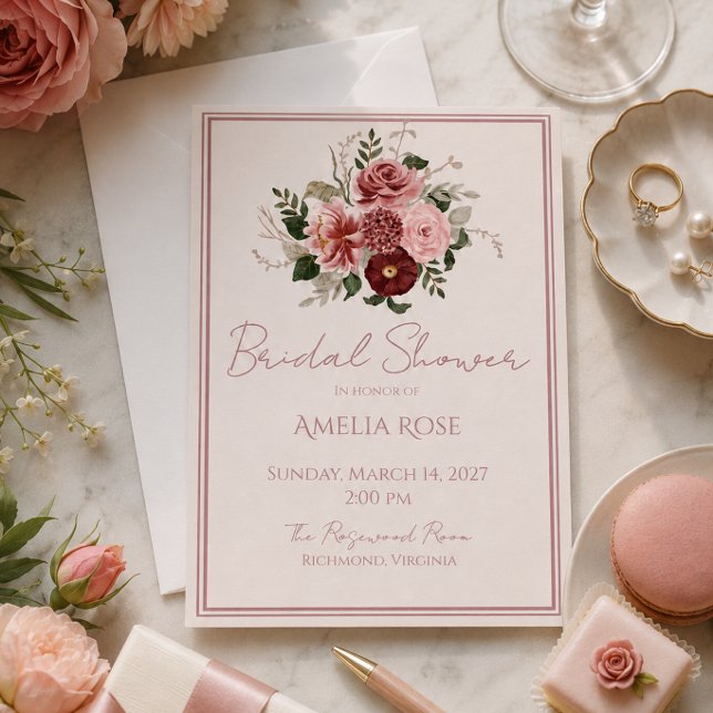 Convites Chá de Noiva Floral Rosa Empoeirado Borgonha (Criador carregado)