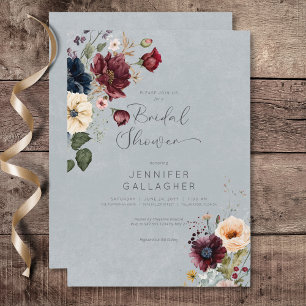 Convites Chá de Noiva Floral Rústico Azul Borgonha e Creme
