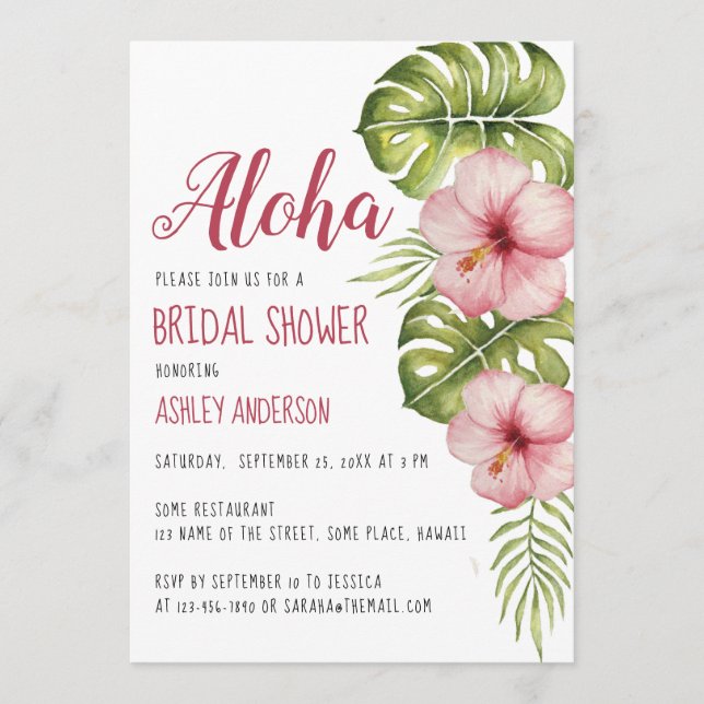 Convites Chá de Noiva Floral Tropical Aloha Hibisco Rosa (Frente)