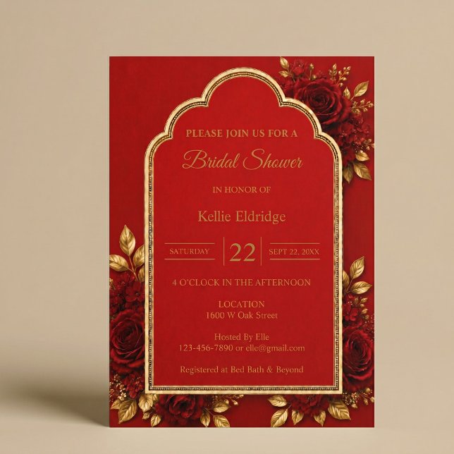 Convites Chá de Noiva Floral Vermelho e Dourado (Criador carregado)