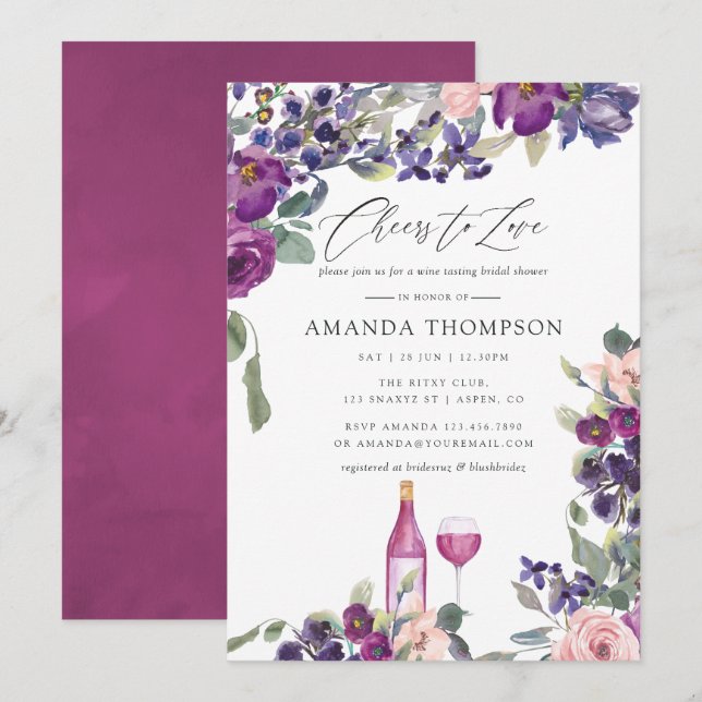 Convites Chá de Noiva Floral Violeta e Ameixa com Degustaçã (Frente/Verso)