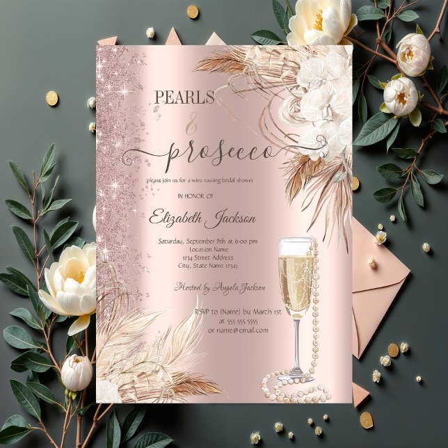 Convites Chá de Noiva Flores Brilho Pérolas & Prosecco (Criador carregado)