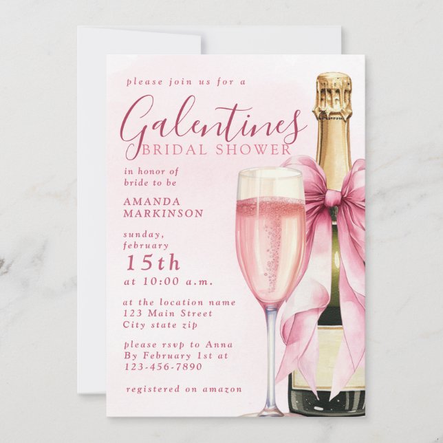 Convites Chá de Noiva Galentines em Aquarela com Champanhe (Frente)