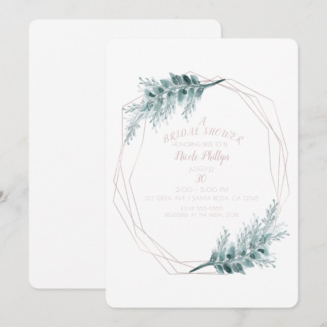 Convites Chá de Noiva Geométrico Botânico Dourado Rosa Glam (Frente/Verso)