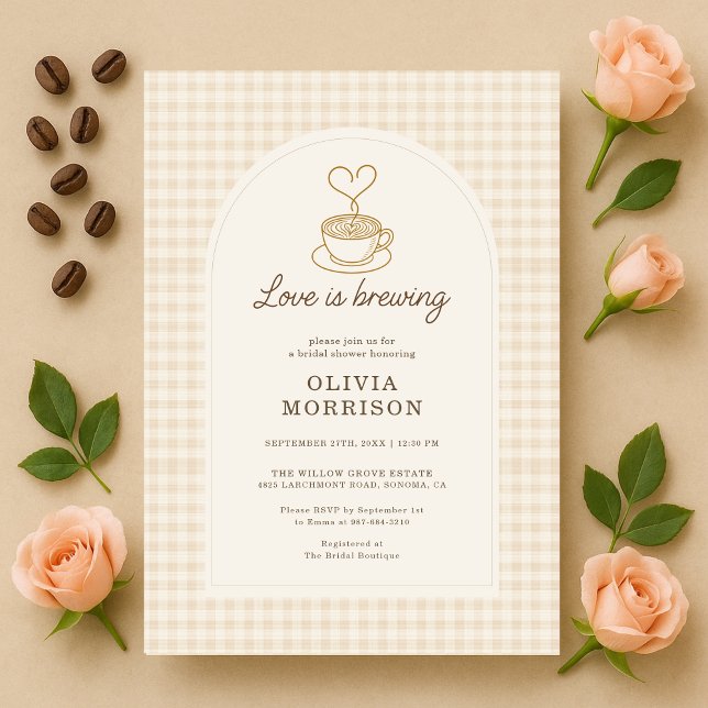 Convites Chá de Noiva Gingham Love is Brewing Coffee (Criador carregado)