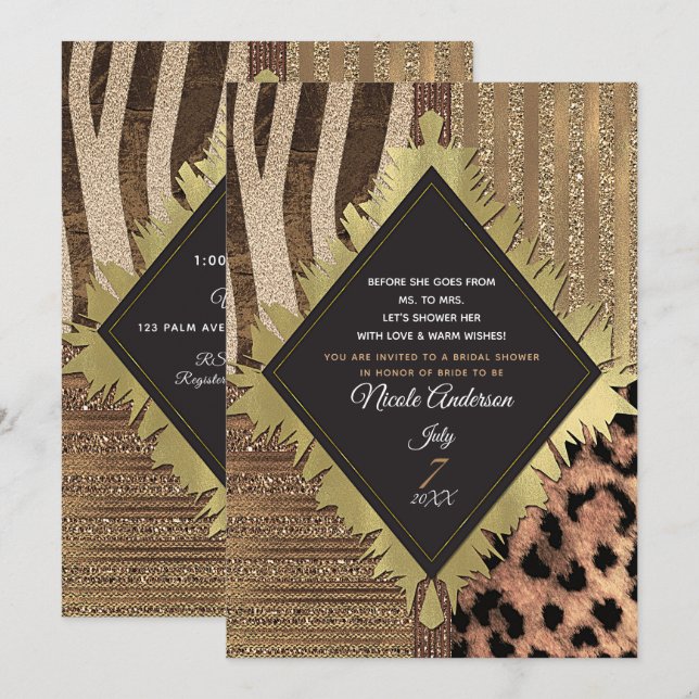 Convites Chá de Noiva Glamouroso Safari Leoa (Frente/Verso)