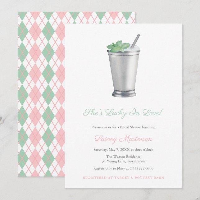 Convites Chá de Noiva Handpainted Mint Julep Argyle Derby (Frente/Verso)