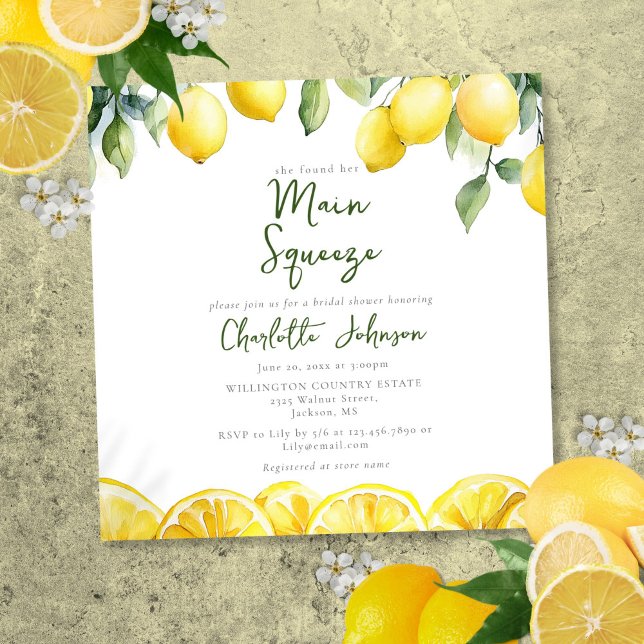 Convites Chá de Noiva Limão Aquarela Esmagamento Principal  (Modern Main Squeeze Watercolor Lemon Bridal Shower Invitation)