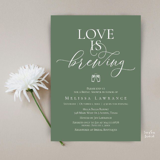 Convites Chá de Noiva Love Is Brewing | Letra Elegante (Love Is Brewing Bridal Shower | Elegant Script Invitation Card in Sage Green)