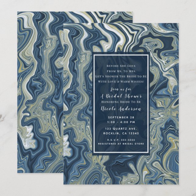 Convites Chá de Noiva Moderno Azul Branco Dourado Chic Swir (Frente/Verso)