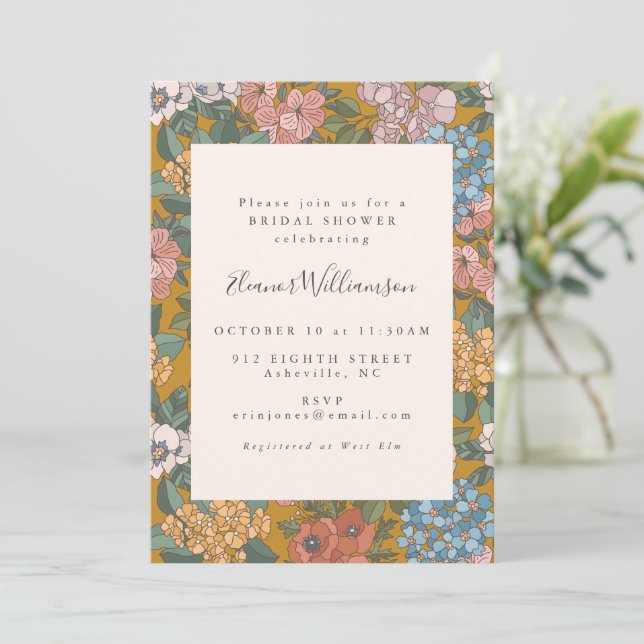 Convites Chá de Noiva Moderno Boho Floral Mostarda Amarelo (Em pé/Frente)
