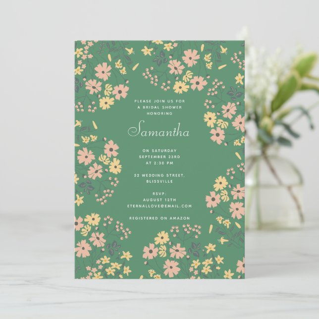 Convites Chá de Noiva Moderno Boho Padrão Floral Verde (Em pé/Frente)