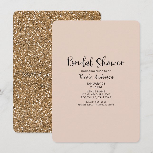 Convites Chá de Noiva Moderno com Brilho Dourado Glamouroso (Frente/Verso)