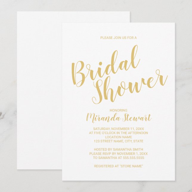 Convites Chá de Noiva Moderno em Branco e Dourado (Frente/Verso)