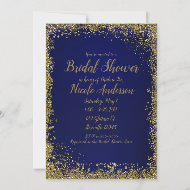 Convites Chá de Noiva Moderno Glamouroso com Brilho Dourado (Frente)