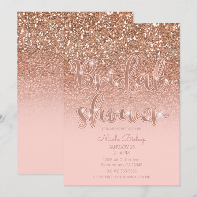 Convites Chá de Noiva Moderno Rosa Glam Glitter (Frente/Verso)