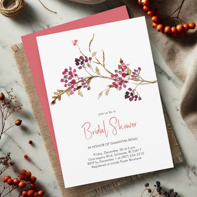 Convites Chá de Noiva Natalino Elegante (Rustic bridal shower invitations watercolor red berries and botanicals)