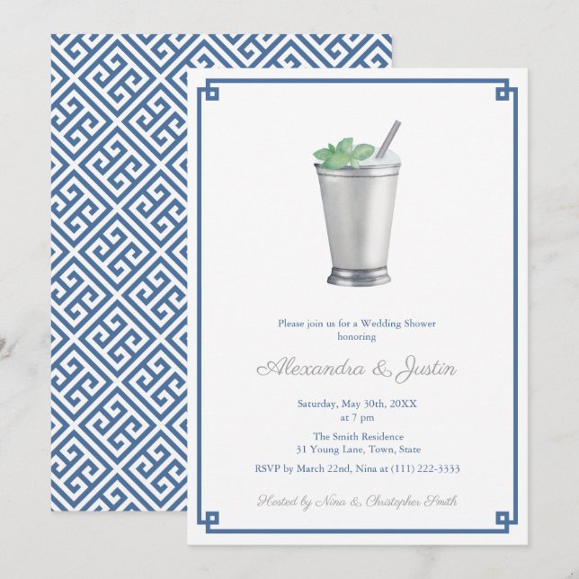 Convites Chá de Noiva Navy Blue & Silver Gray Mint Julep (Frente/Verso)